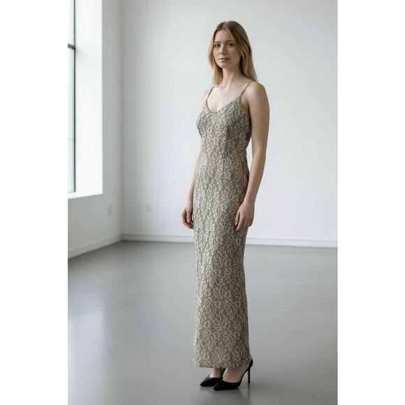 Vintage Formal Midi Dress US 7/8 Floral Silver Beige Bodycon Gown Classic Glam - Picture 1 of 10